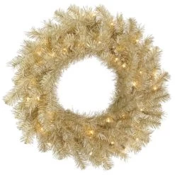 36 Inch White-Gold Tinsel Wreath: Clear LEDs
