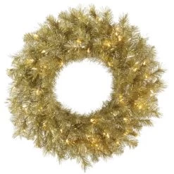 24 Inch Gold-Silver Tinsel Wreath: Clear LEDs