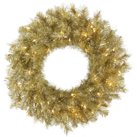 24 Inch Gold-Silver Tinsel Wreath: Clear LEDs