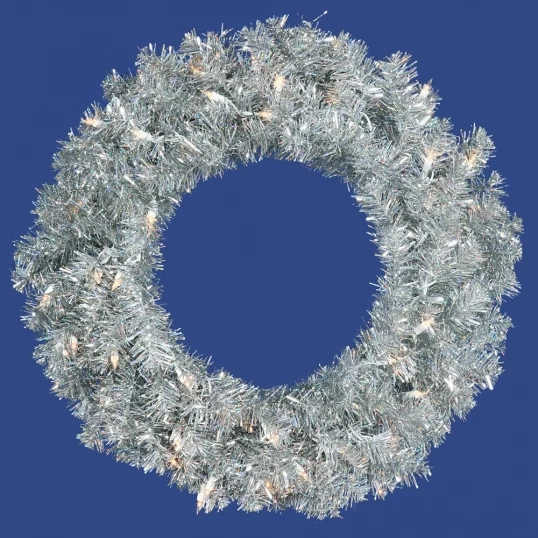 24 Inch Silver Wreath: Clear LEDs