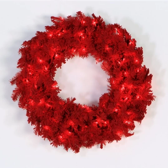 36 Inch Flocked Red Fir Wreath: Red LEDs