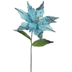 26 Inch Sea Blue Velvet Poinsettia Pick: Set Of 3