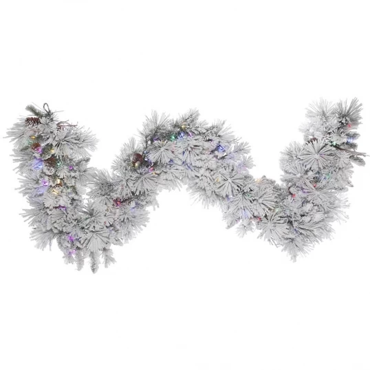 9 Foot Alberta Flocked Garland: Multi-Colored LEDs